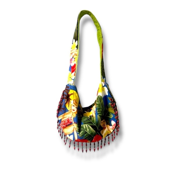 Handmade Hawaiian Aloha Pinup Girl Floral Purse Vintage Beaded Shoulder Bag - Picture 4 of 16